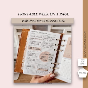 Week on One Page Printable Personal Planner Inserts, Weekly 1 Page Vertical Weekly, Undated Weekly Planner Pages Grid Layout, 133