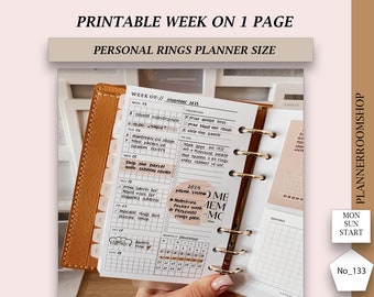 Week on One Page Printable Personal Planner Inserts, Weekly 1 Page Vertical Weekly, Undated Weekly Planner Pages Grid Layout, 133