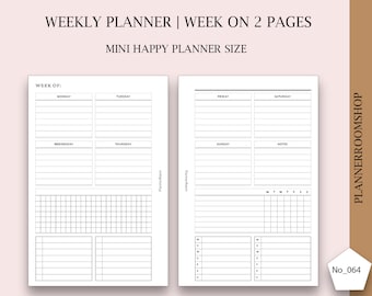 Week on 2 Two Pages Happy Planner Mini, Weekly Agenda Horizontal Weekly Planner, Undated Printable Weekly Grid Layout