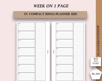 Printable week on 1 page planner insert, undated WO1P weekly layout, FC Compact rings size, 093