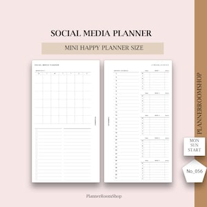 Puede incluir: Un planificador de redes sociales blanco en tamaño Mini Happy Planner. El planificador incluye páginas de horarios mensuales y semanales con casillas de verificación y líneas para notas. El texto "Social Media Planner" y "PlannerRoomShop" son visibles.