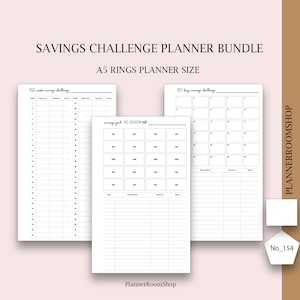 May include: A bundle of savings challenge planner pages. The pages include a 52-week savings challenge, a 30-day savings challenge, and a savings goal tracker. The text on the pages includes "SAVINGS CHALLENGE PLANNER BUNDLE" and "A5 RINGS PLANNER SIZE."