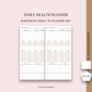 Può includere: Un pianificatore della salute quotidiana con il testo "Daily Health Planner" e "Hobonichi Weeks TN Planner Size". Il pianificatore ha sezioni per priorità, esercizio, orari, sonno, umore, acqua, passi e monitoraggio dei pasti. Il pianificatore è beige e bianco.