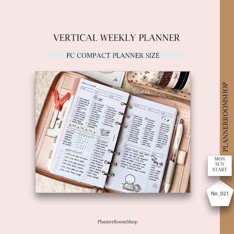 May include: A vertical weekly planner in a compact size. The planner is open to a week's worth of pages with a daily schedule and to-do list. The planner is bound with a ring system and has a white background with black ink.