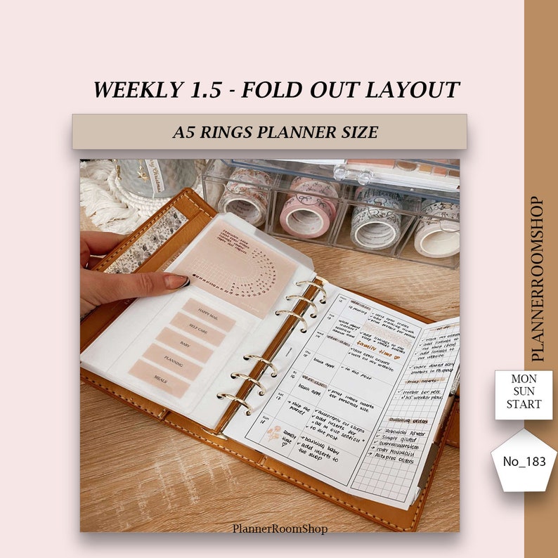 A5 Rings Weekly Planner Foldout, Minimal Printable Weekly Inserts, 183 ...