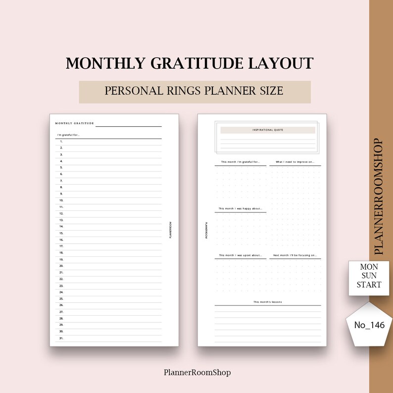 May include: A printable monthly gratitude planner layout designed for personal ring binders. The layout features sections for listing things you are grateful for, inspirational quotes, happy moments, things you learned, and areas for improvement. The planner is labelled "Monthly Gratitude Layout" and "Personal Rings Planner Size".