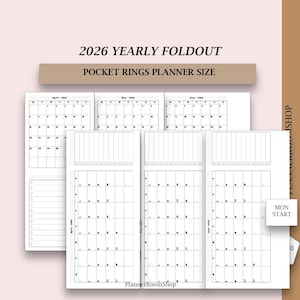 May include: A 2026 yearly foldout planner insert for pocket rings planners. The white paper features black ink grids for April, May, and June 2026, including a Monday start calendar layout, a top task list section, and a side checklist column.