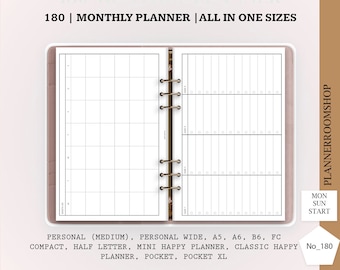 May include: A black and white monthly planner with a white background and black grid lines. The planner is divided into two sections, with a binding in the middle. The planner is labeled "180 | MONTHLY PLANNER | ALL IN ONE SIZES".