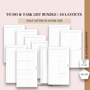 May include: A bundle of ten half-letter-size planner layouts for to-do and task lists. The pages are white with black lines and checkboxes. The text "TO DO & TASK LIST BUNDLE | 10 LAYOUTS" and "HALF LETTER PLANNER SIZE" are at the top.