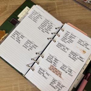 Op de afbeelding: Een open ringbandplanner met een donkergroene kaft met handgeschreven lijsten voor jaarlijkse, dagelijkse en wekelijkse routines. De pagina's bevatten kolommen voor kwartaal- en maanddoelen, naast een weekschema met taken in zwarte inkt.