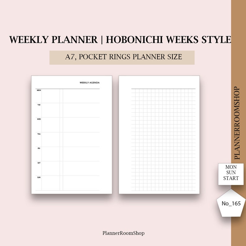 K&ouml;nnte beinhalten: Ein druckbarer Wochenplaner im A7-Format, gestaltet im Stil von Hobonichi Weeks. Der Planer verf&uuml;gt &uuml;ber eine w&ouml;chentliche Agenda-Seite mit Platz f&uuml;r t&auml;gliche Notizen und eine karierte Seite f&uuml;r zus&auml;tzliche Notizen.