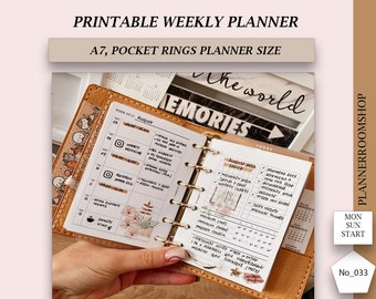 Weekly planner inserts, A7, Pocket planner, Week on 2 pages, Simple weekly layout, Digital download, 033