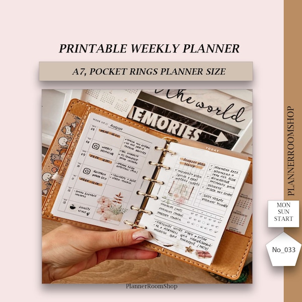 Weekplanner-inzetstukken, A7, Zakplanner, Week op 2 pagina's, Eenvoudige weekindeling, Digitale download, 033
