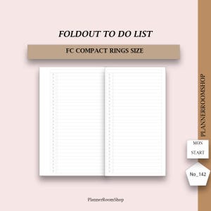 May include: White foldout to-do list for FC compact rings size. The lined pages are open, showing the layout. The text "FOLDOUT TO DO LIST" and "FC COMPACT RINGS SIZE" are at the top. The PlannerRoomShop logo is visible.