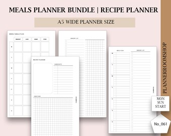 Meals planner inserts for A5 wide planner size, Monthly food diary, Weekly meals planner refill, grocery list, shopping list, 061