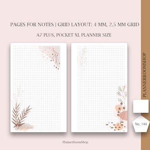 May include: Two white planner pages with a grid layout, 4 mm and 2.5 mm grid, for notes. The pages are A7 Plus, Pocket XL size. Each page has a decorative floral design in shades of brown and peach. The text on the image says "PAGES FOR NOTES | GRID LAYOUT: 4 MM, 2.5 MM GRID" and "A7 PLUS, POCKET XL PLANNER SIZE".