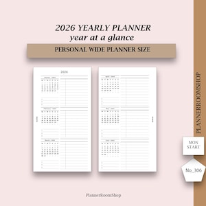 May include: A white 2026 yearly planner with a year-at-a-glance layout. The planner includes monthly calendars and lined sections for notes. The text "PERSONAL WIDE PLANNER SIZE" is displayed above the planner pages.