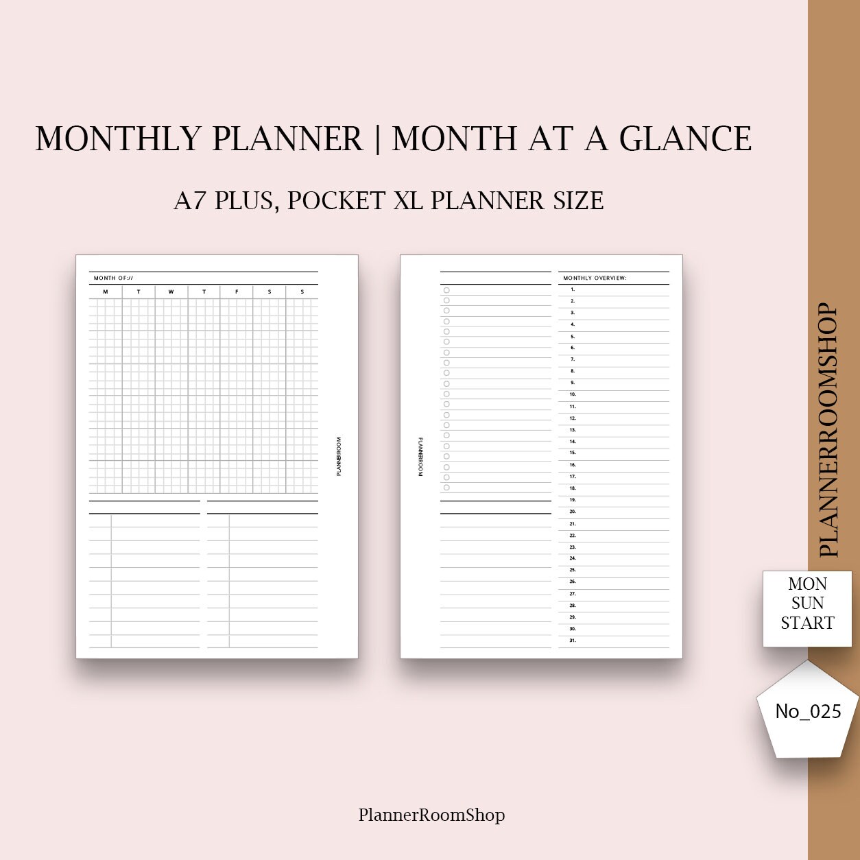 Monthly Printable Calendar, A7 Plus, Pocket XL, Undated Monthly ...