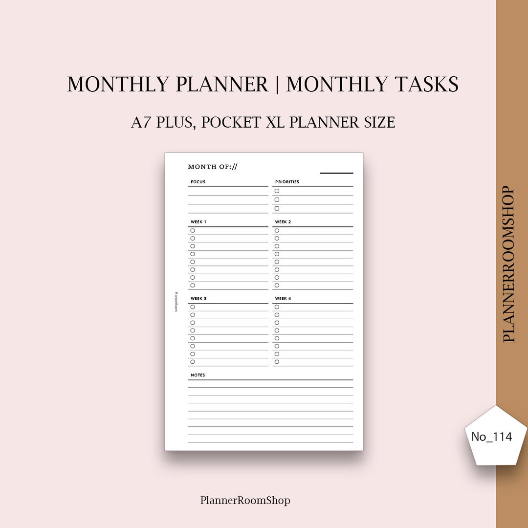 Monthly Overview Printable Pocket XL Planner Inserts, Month on a Page ...