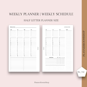 Planificador semanal por horas, tamaño media carta, rastreador de hábitos, horario semanal, semana en dos páginas, vertical, insertos imprimibles en PDF de tamaño medio.