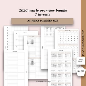 DATED 2026 ADHD planner adult, Printable Yearly planner bundle Year overview 2026 Future log calendar, A5 rings inserts, 301