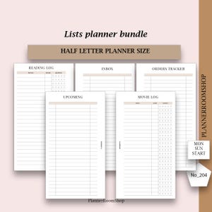 May include: A digital lists planner bundle in half letter size featuring five white pages with black text and lines. The pages include a reading log, inbox, orders tracker, upcoming list, and movie log with rating stars. Text includes PLANNERROOMSHOP.