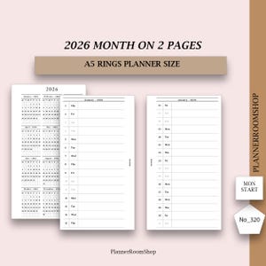 Printable 2026 Monthly Planner, Month on 2 Pages, Personal Planner Inserts, Dated Planner Refills, A5 rings Filofax, Ring Bound, 320