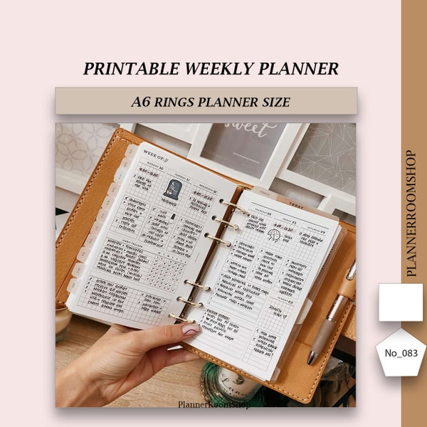 ADHD Printable weekly planner adult, A6 rings planner size, WO2P, Digital download, 083