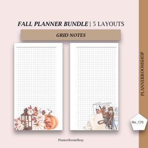 Puede incluir: Dos p&aacute;ginas de notas de cuadr&iacute;cula blancas con ilustraciones de oto&ntilde;o. Una p&aacute;gina presenta una linterna, calabazas y flores. La otra tiene una ilustraci&oacute;n de moda y libros. El texto dice "FALL PLANNER BUNDLE | 5 LAYOUTS" y "GRID NOTES".