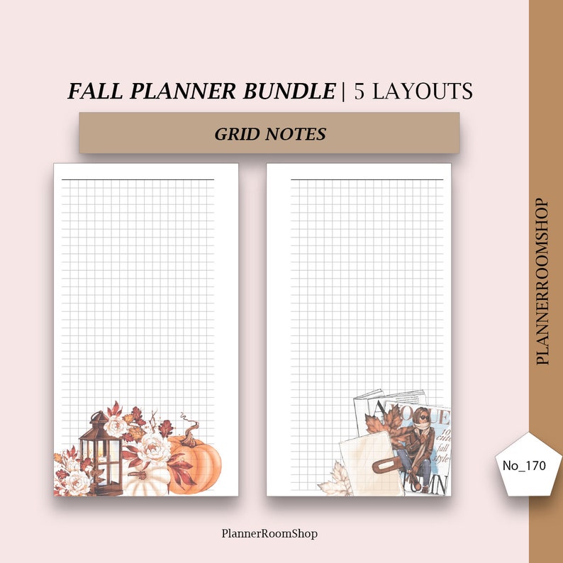 Puede incluir: Dos p&aacute;ginas de notas de cuadr&iacute;cula blancas con ilustraciones de oto&ntilde;o. Una p&aacute;gina presenta una linterna, calabazas y flores. La otra tiene una ilustraci&oacute;n de moda y libros. El texto dice "FALL PLANNER BUNDLE | 5 LAYOUTS" y "GRID NOTES".