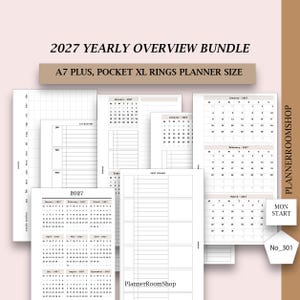 Può includere: Un set di panoramica annuale 2027 per agende ad anelli formato A7 plus pocket XL. I fogli di carta bianca presentano testo nero e layout a griglia, inclusi calendari mensili, tracker annuali e pagine per obiettivi con inizio lunedì.