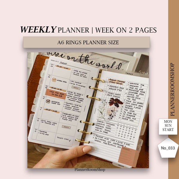 ADHD planner adult, Week on two pages, schedule planner, A6 rings planner, weekly planning printables insers, minimalistic planner, 033