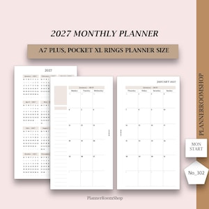 May include: A 2027 monthly planner in A7 Plus Pocket XL rings size. The white pages feature a yearly calendar overview, a monthly grid for January 2027 with a Monday start, and a column for notes. Text includes 2027 MONTHLY PLANNER, PLANNERROOMSHOP, and MON START.