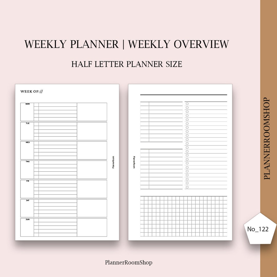 Printable Planner Inserts, Weekly Planner, Half Letter Planner Size