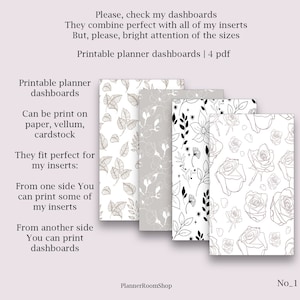 Op de afbeelding: Vier printbare planner dashboards met verschillende bloemenpatronen. De patronen omvatten bladeren, bloemen en rozen. De tekst "Printbare planner dashboards | 4 pdf" staat bovenaan de afbeelding. De tekst "PlannerRoomShop" staat onderaan de afbeelding. De tekst "No_1" staat in de rechterbenedenhoek van de afbeelding.