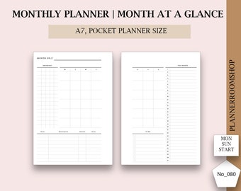 May include: A7 pocket-sized monthly planner with a minimalist design. The planner features a month-at-a-glance layout, with sections for important dates, to-do lists, and notes. The text "MONTHLY PLANNER | MONTH AT A GLANCE" is at the top.