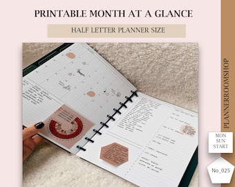 Halve pagina maandelijkse kalender, halve pagina planner inzetstukken, maandelijks ongedateerd, halve letter afdrukbare inzetstukken, halve pagina afdrukbare inzetstukken PDF, 025