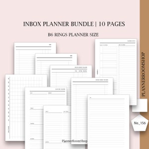 May include: A collection of ten white paper planner inserts for B6 ring binders, featuring black printed text and lines. The pages include headers such as INBOX PLANNER BUNDLE, PLANNER SETUP, ONLINE ORDERS TRACKER, and ROUTINES PLANNER, with various grid and list layouts for organization.