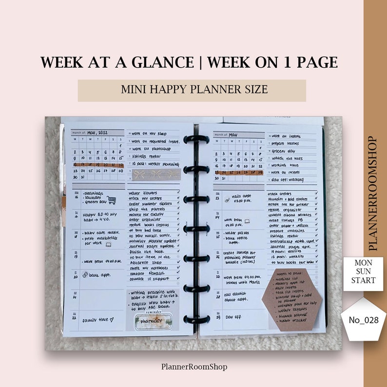 May include: A close-up of a weekly planner with a black and white design. The planner is open to the week of May 2021 and shows a list of daily tasks and appointments. The planner is labeled "Week at a Glance | Week on 1 Page" and "Mini Happy Planner Size".
