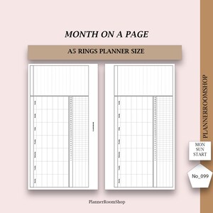 A5 Rings, Month on One Page Planner with Habit Tracker and Notes, Printable Monthly Planner, Planner Inserts, 099
