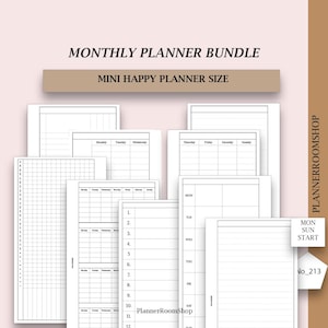May include: A monthly planner bundle in mini happy planner size featuring various white paper inserts with black grid lines, calendar layouts, and numbered lists. Text includes MONTHLY PLANNER BUNDLE, MINI HAPPY PLANNER SIZE, PLANNERROOMSHOP, MON SUN START, and No_213.
