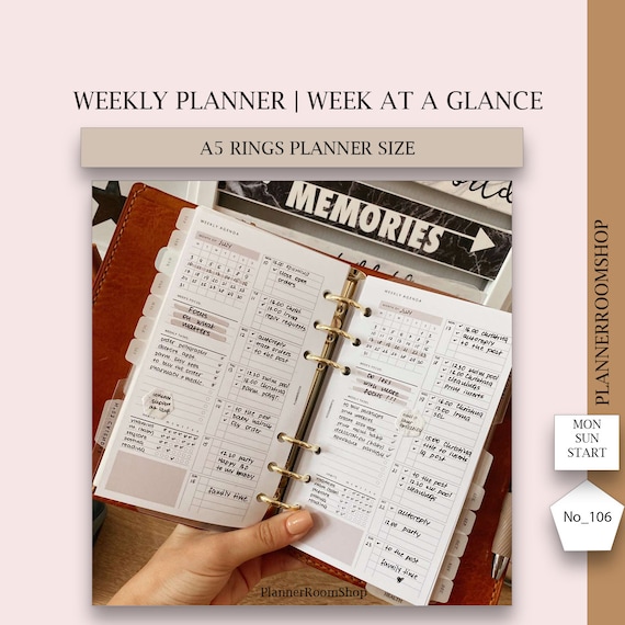 Printable Weekly Planner for Filofax DM Agenda A5 Rings Inserts Planning  With Undated Monthly Calendar and Weekly Schedule, 106 106 