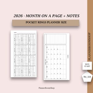 May include: A white pocket rings planner insert with a 2026 month-on-a-page calendar and notes section. The planner includes a full-year overview and a monthly layout. The text "2026 - MONTH ON A PAGE + NOTES" is displayed at the top.