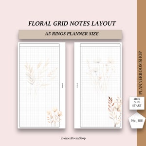 Puede incluir: Diseño de notas de cuadrícula floral para planificadores de anillas A5. El diseño presenta un fondo blanco con un patrón de cuadrícula e ilustraciones florales delicadas en tonos beige y marrón. El texto incluye "Floral Grid Notes Layout" y "A5 Rings Planner Size".