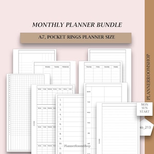 Fickringar, utskrivbart månadsplaneringspaket, minimalistiska planeringsinlägg i PDF-format, vanespårare, veckolayout, planeringskit för direktnedladdning, 213