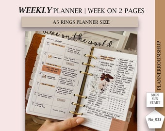 Semana de un vistazo, insertos de planificador imprimible de anillo A5, planificador semanal, hoja de planificación por hora de diseño WO2P, descarga digital, 033