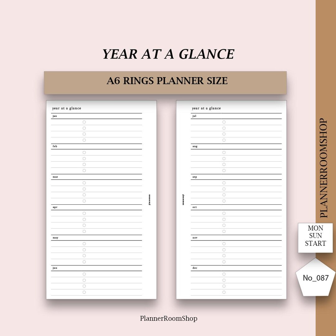 Printable Year at a Glance, Yearly Overview Planner Insert, A6 Rings ...