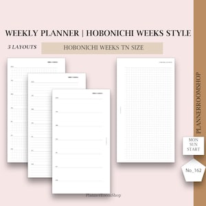 Printable weekly planner inserts for Hobonichi weeks TN size, Hobonichi weeks minimal layout, Grid, Lined, Blank planner refill, 162