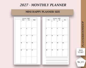 May include: A 2027 monthly planner in mini happy planner size with a Monday start. The layout features two white pages with black grid lines for January 2027, including dates and empty boxes for scheduling. Text includes 2027 - MONTHLY PLANNER, PLANNERROOMSHOP, MON START, and No_311.
