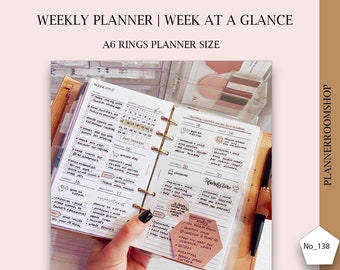 Wekelijks afdrukbare inserts, A6 planner bijvullen, Wekelijkse agenda, Wekelijkse sjabloon, Wekelijkse lay-out, Wekelijkse ongedateerde planner, WO2P, 138